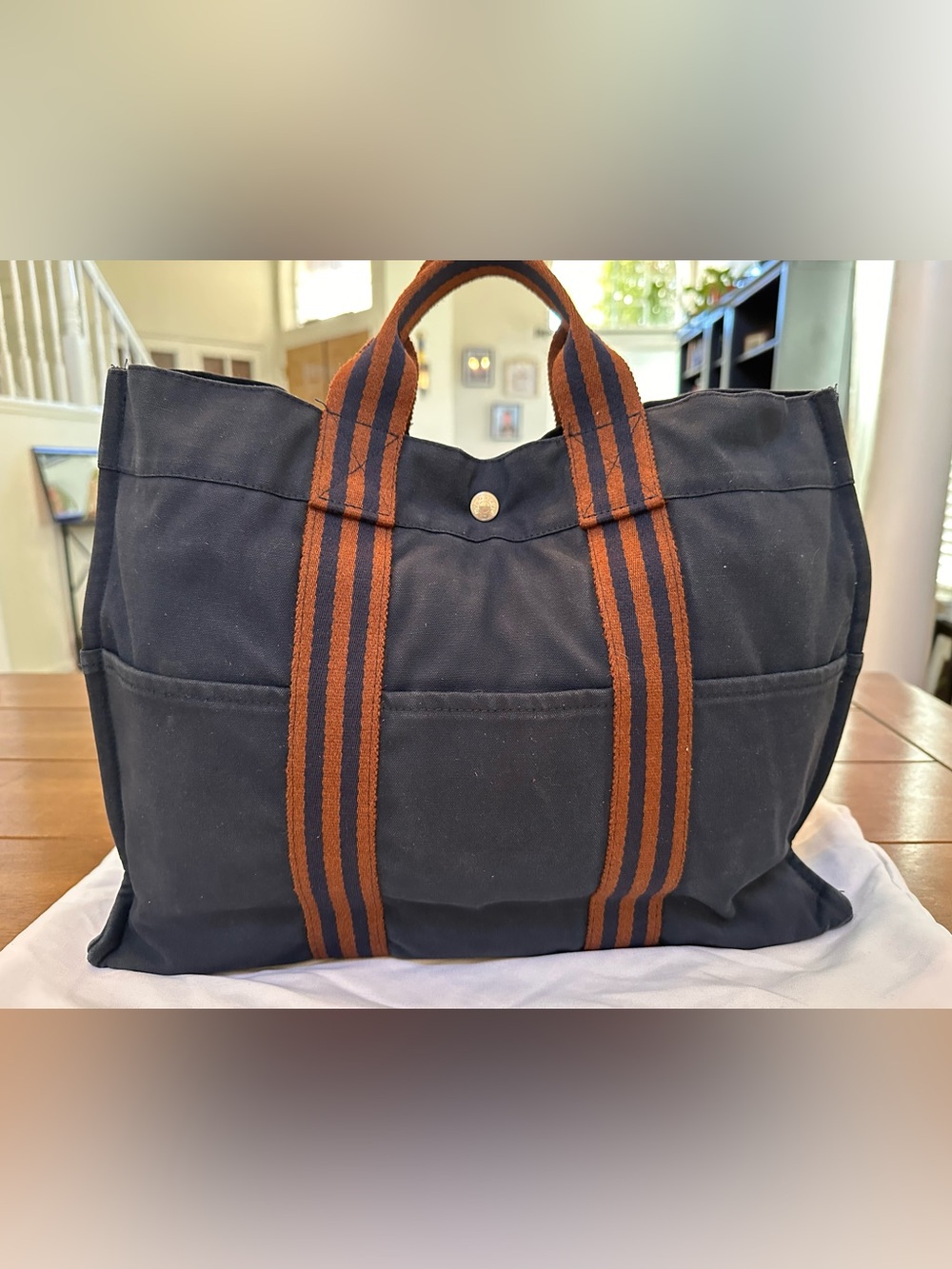 Hermes Navy Canvas Tote with Brown Striped Webbing Handles